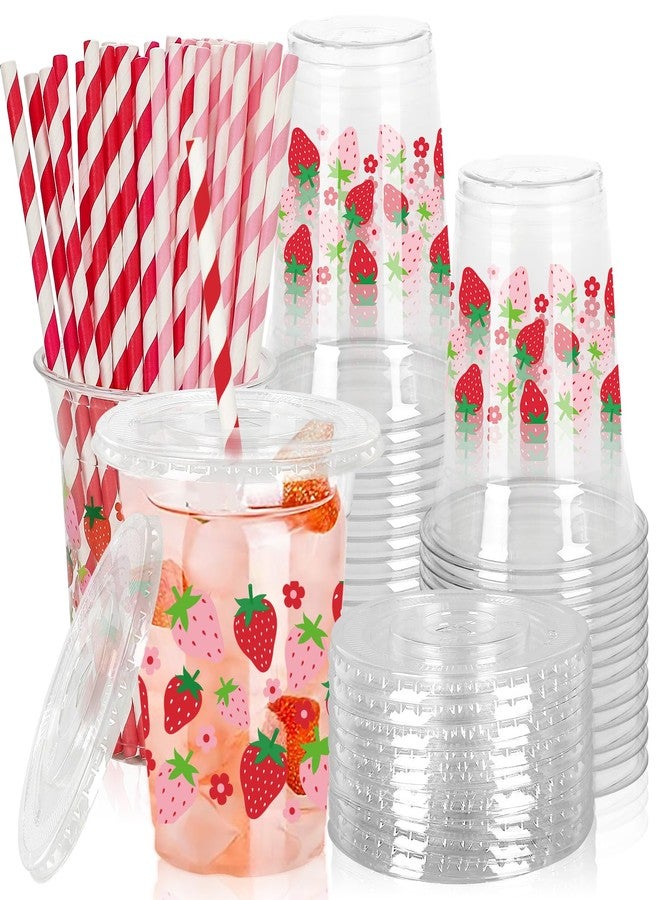 JarThenaAMCS 50Pcs Strawberry Plastic Cups with Lids and Straws Pink Red Strawberry Flower Clear Plastic Cups 12oz Disposable Cups for Summer Spring Party Supplies - Image 1